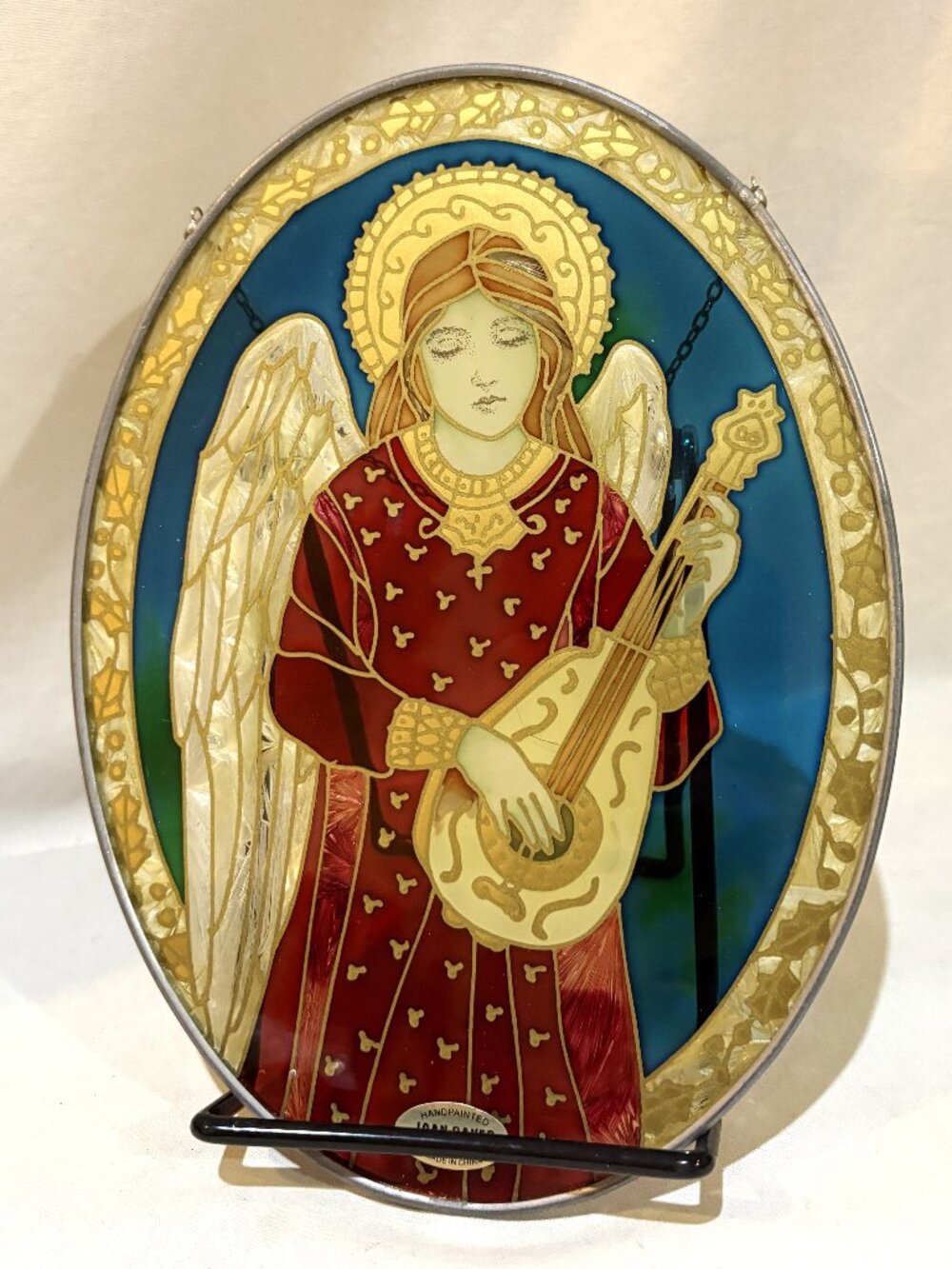 Joan Baker Designs Hand Painted Angel Oval Glass Suncatcher Christmas Decor